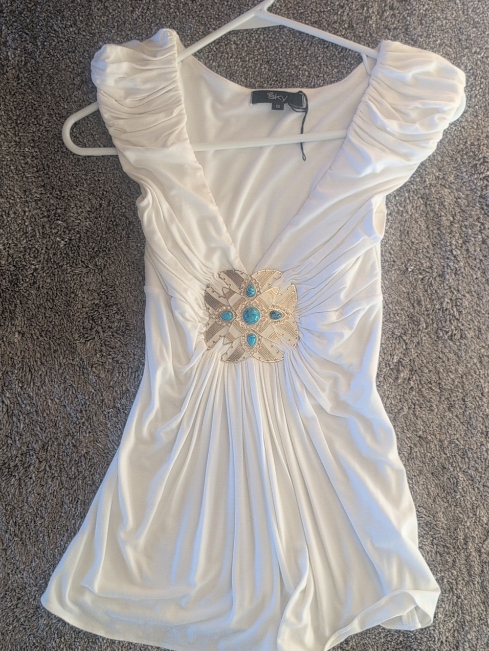 Sky White Sleeveless V-Neck Top with Turquoise and Gold Medallion